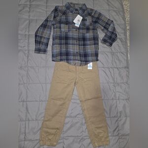 Lucky Brand Boys Navy Plaid Shirt with Khaki Jogger Pants